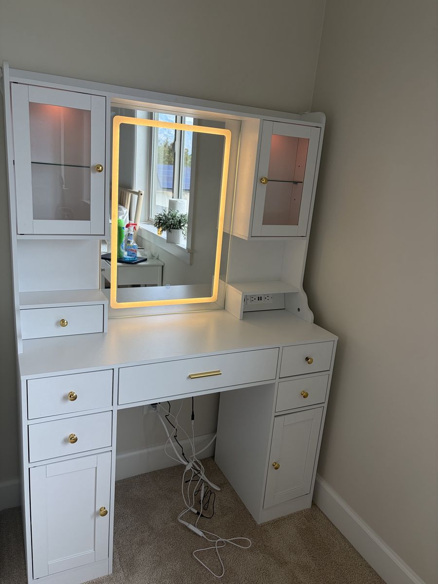 White Makeup Vanity Desk with Lighted Mirror, Built-in Power Outlets, and Storage Cabinet