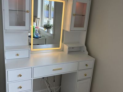 White Makeup Vanity Desk with Lighted Mirror, Built-in Power Outlets, and Storage Cabinet