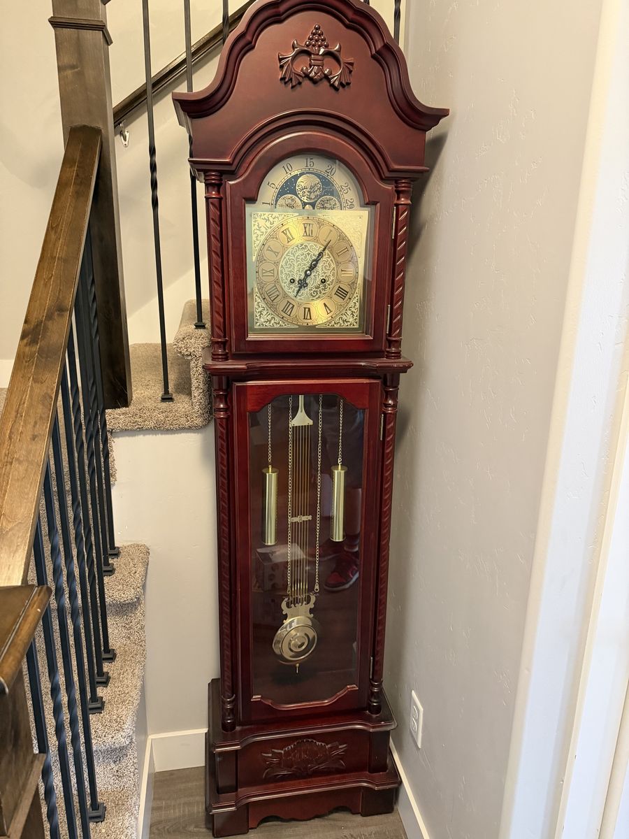 Classic Grandfather Clock - Traditional Wood Case, Gold Roman Numerals, Ornate Face, Moon Phase