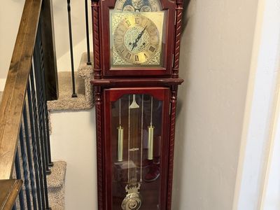 Classic Grandfather Clock - Traditional Wood Case, Gold Roman Numerals, Ornate Face, Moon Phase