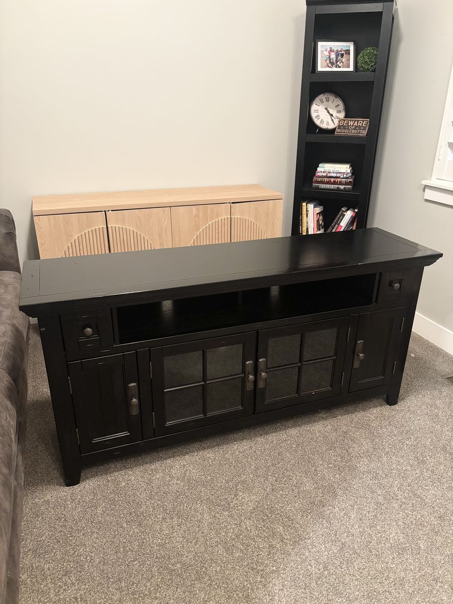 Black Wooden TV Stand Entertainment Center Console with Glass Doors 62" L x 17" W x 30" H