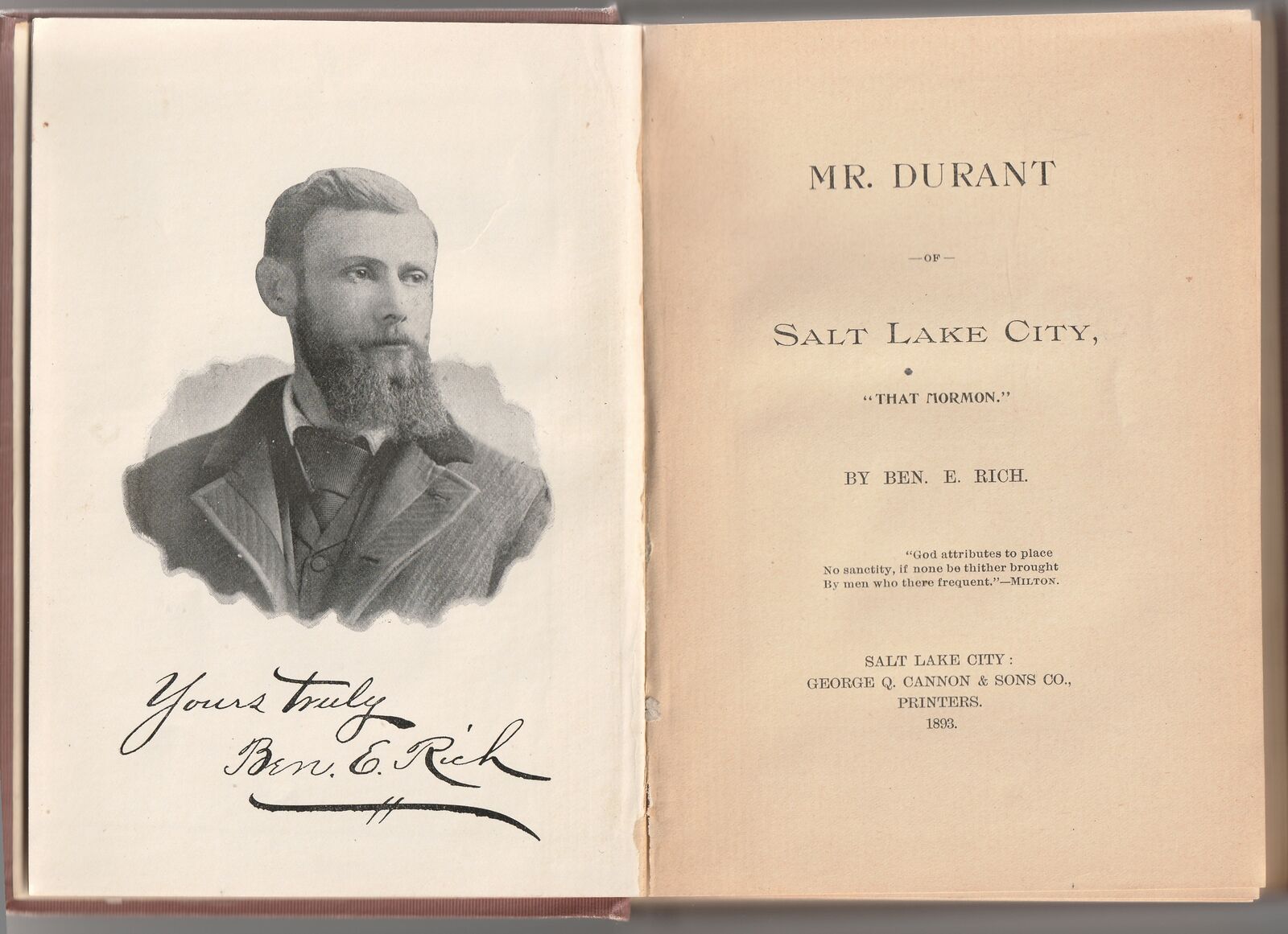 MR. DURANT OF SALT LAKE CITY 1ST ED 1893 BOOK
