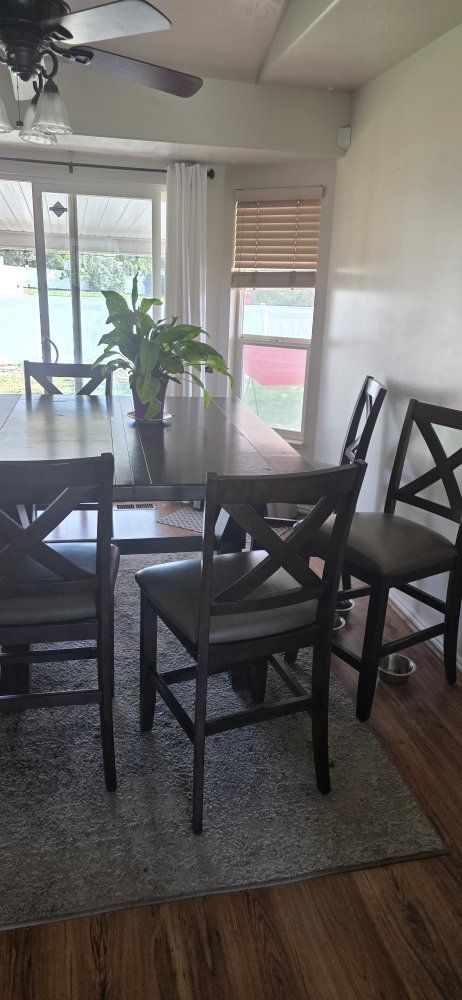 Dark Wood Dining Table with 4 Chairs - Seats 4, Counter Height, X-Back Design