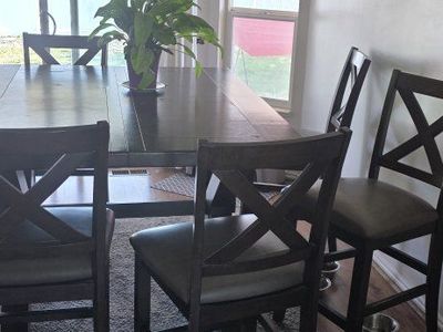 Dark Wood Dining Table with 4 Chairs - Seats 4, Counter Height, X-Back Design