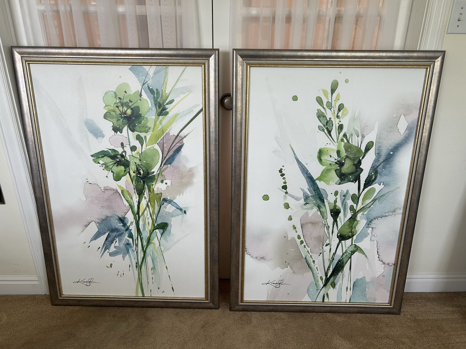 Pair of elegantly framed watercolor prints on canvas -  w/ metallic finished frame