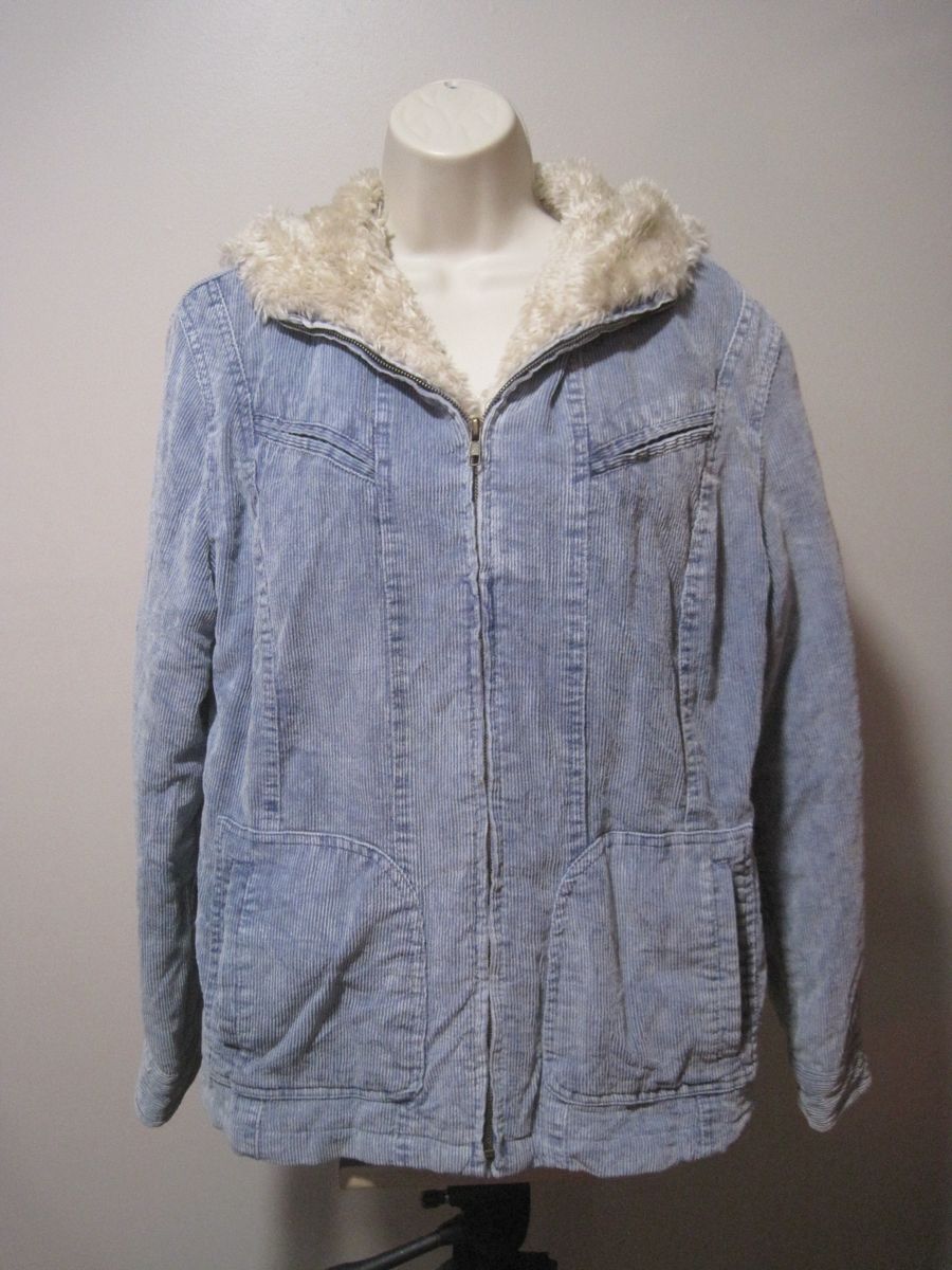 Northcrest Women's Medium Light Blue Corduroy Hooded Coat Jacket Tan Faux Fur