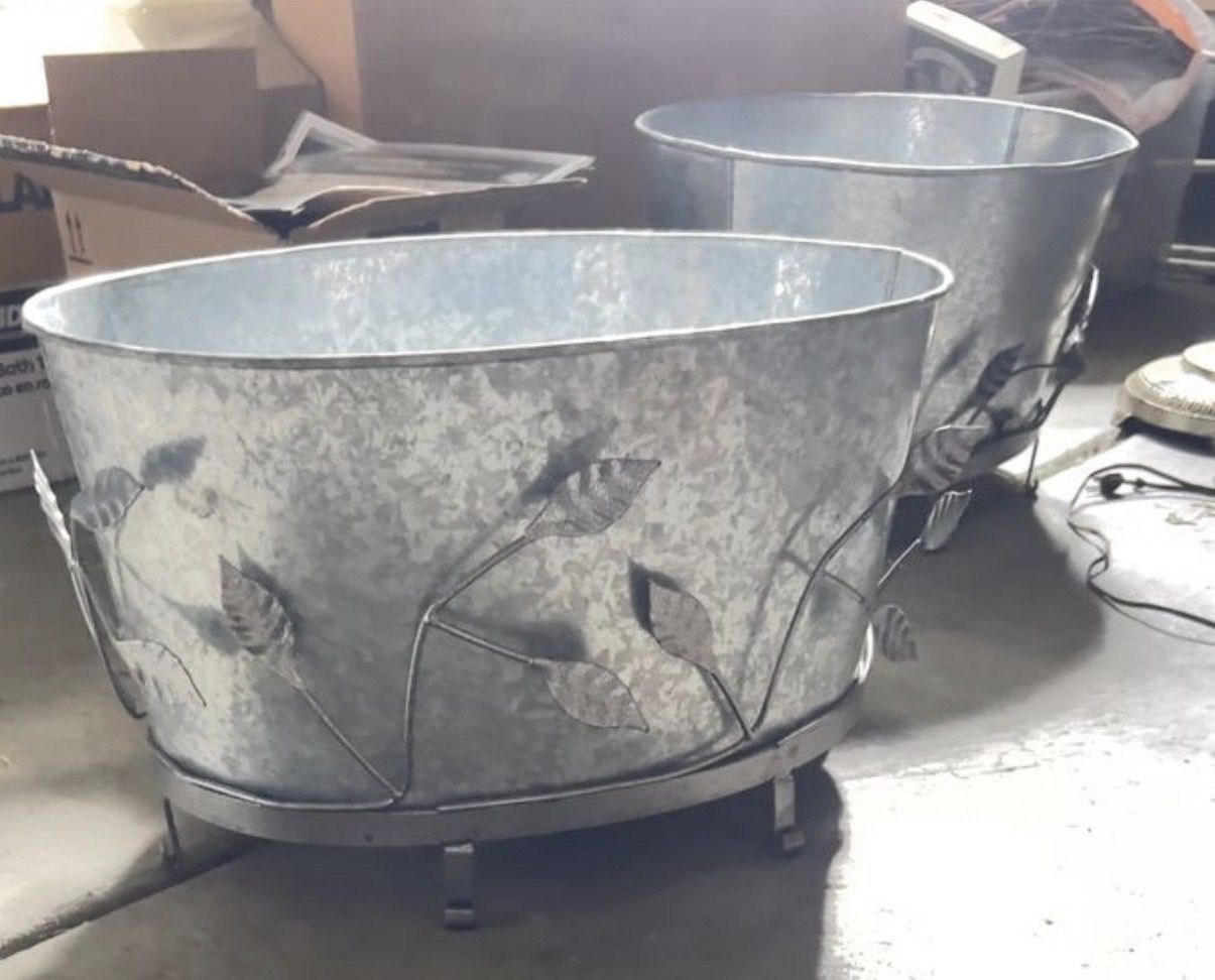  Pair of Achla Designs Embossed Galvanized Steel Tubs with Stands