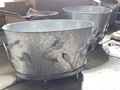 Pair of Achla Designs Embossed Galvanized Steel Tubs with Stands