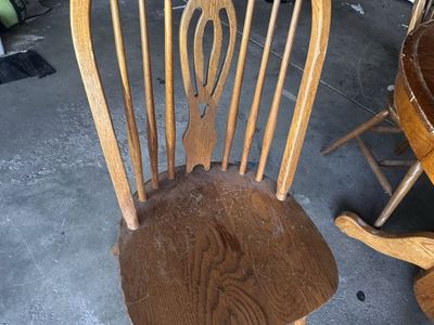 Vintage Solid Oak Round Pedestal Dining Table and 4 Pressback Chairs Set