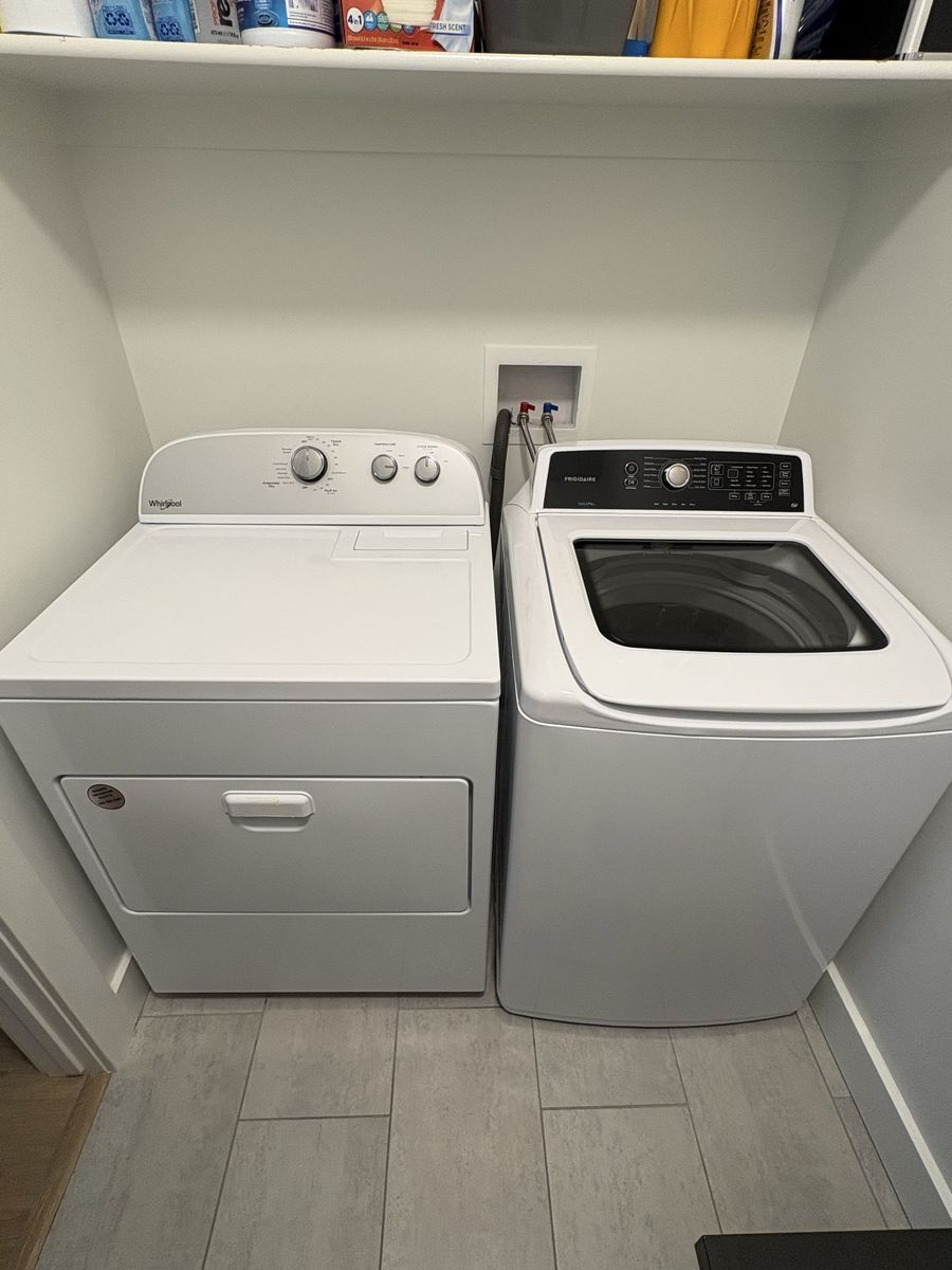 Whirlpool Dryer & Frigidaire Washer Set - White, Top Load Washer, Front Load Dryer