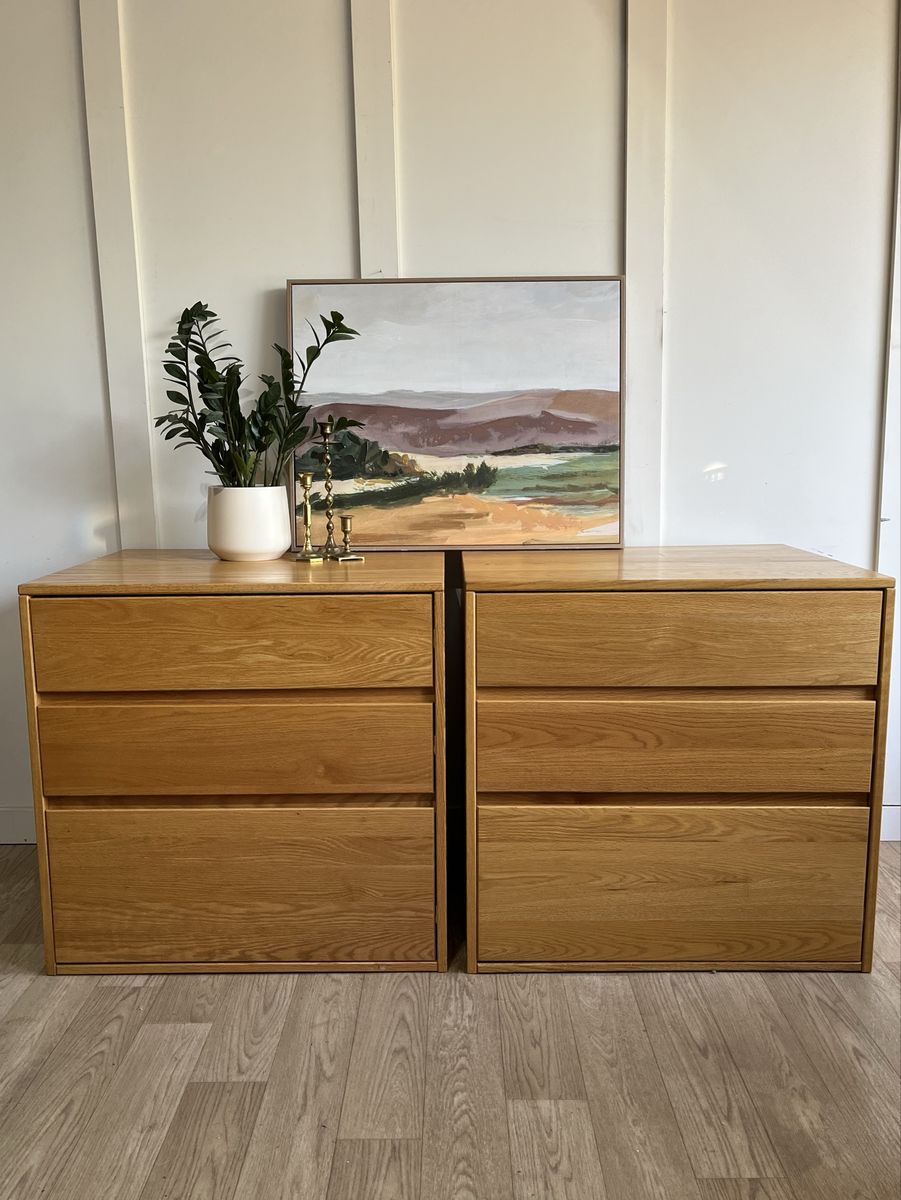 Set of 2 Short Deep 3-Drawer Oak Dressers