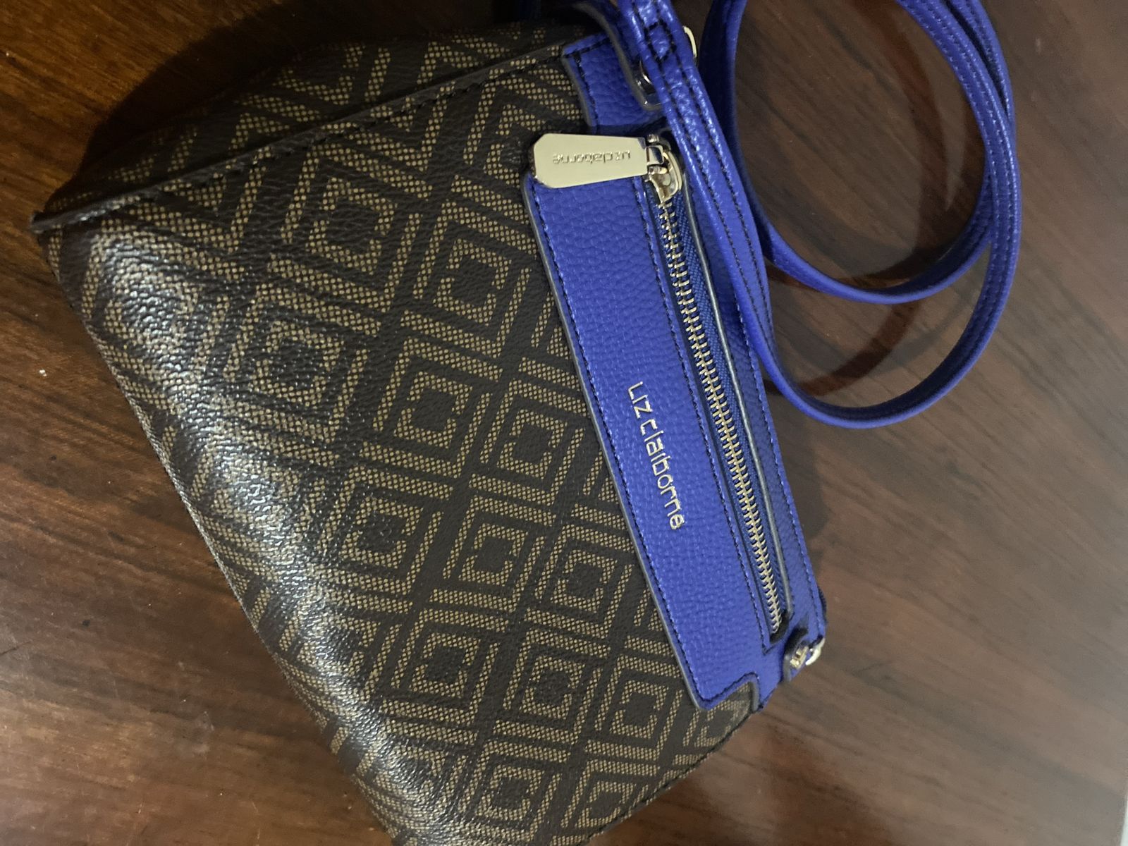 Liz Claiborne Monogram Blue Crossbody Bag Adjustable Strap Small Purse