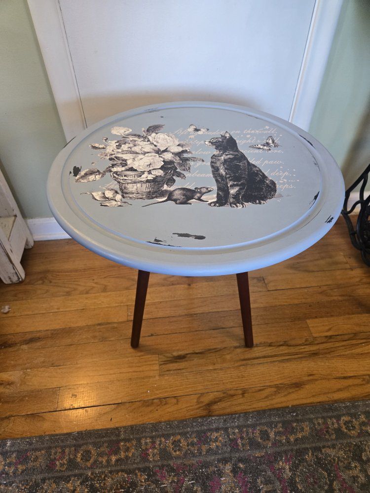 Decorative Round End Table, Light Blue with Cat & Floral Decal, 3-Legged Accent Table