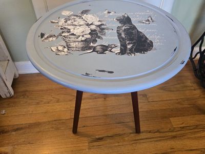 Decorative Round End Table, Light Blue with Cat & Floral Decal, 3-Legged Accent Table