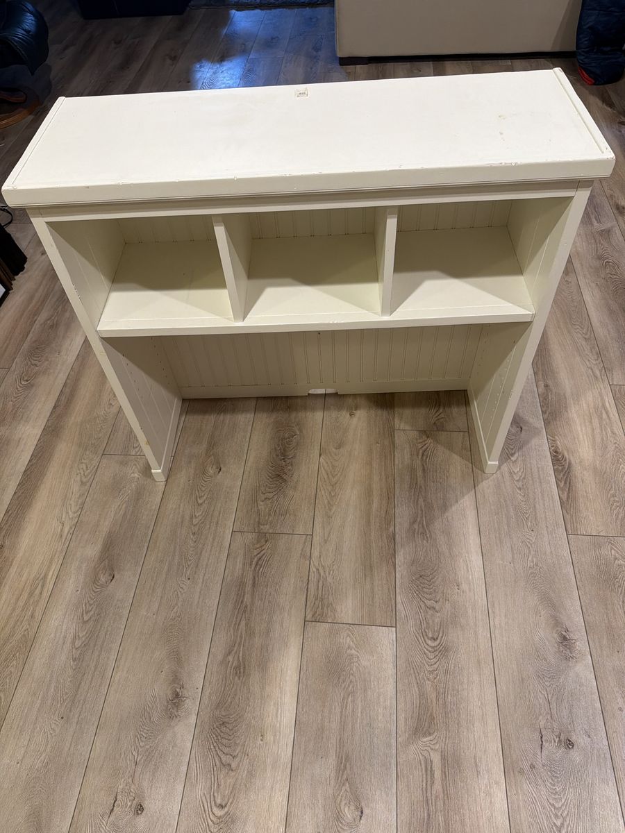 White Wooden Desk Hutch Shelving Unit with Beadboard Backing