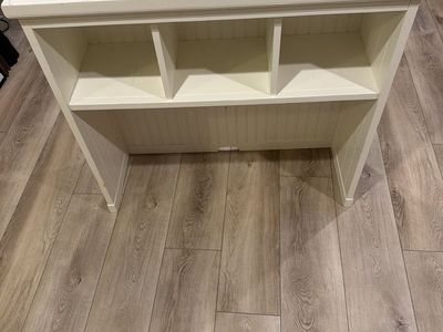 White Wooden Desk Hutch Shelving Unit with Beadboard Backing