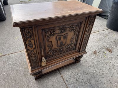 Antique Late 19th/Early 20th Century Carved Wooden Smoker's Cabinet with Ornate Detail