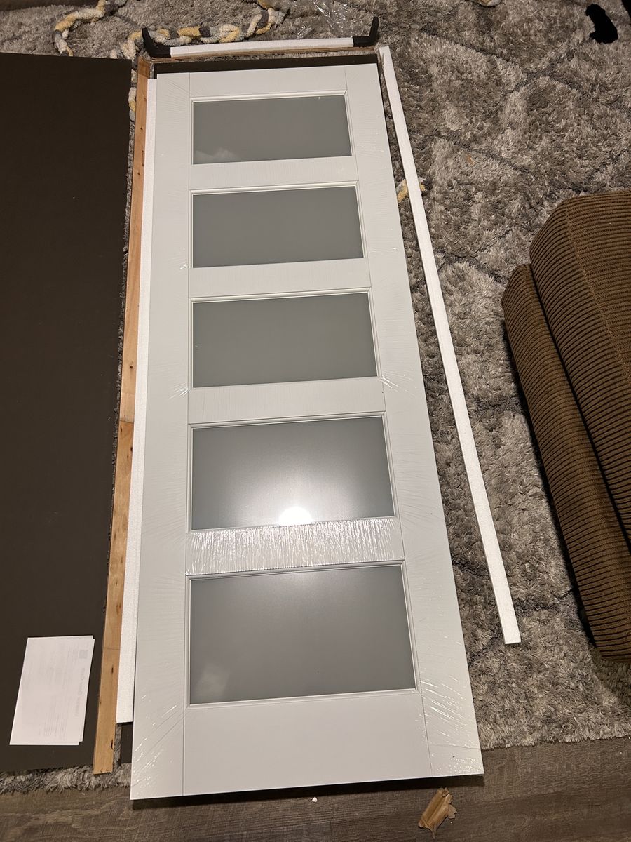 28 in. x 80 in. Solid Core 5-Lite Tempered Frosted Glass White Primed MDF Interior Door Slab
