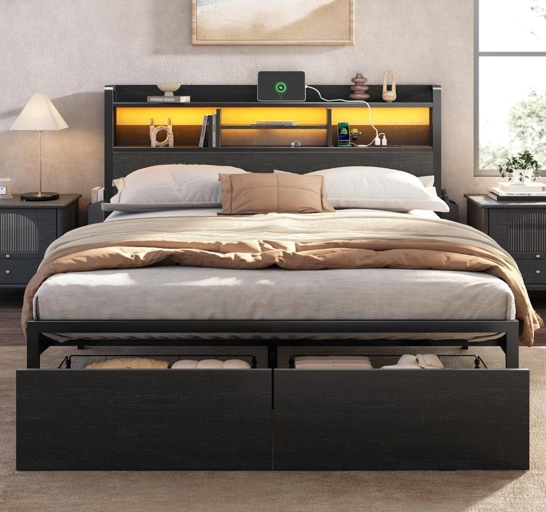 Queen Size Metal Bed Frame with LED Lights, Storage Headboard & Drawers