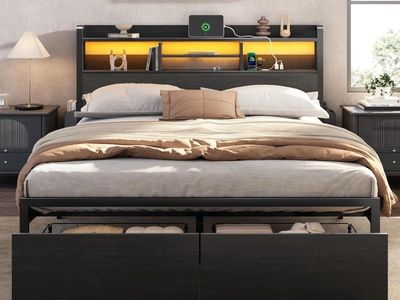 Queen Size Metal Bed Frame with LED Lights, Storage Headboard & Drawers