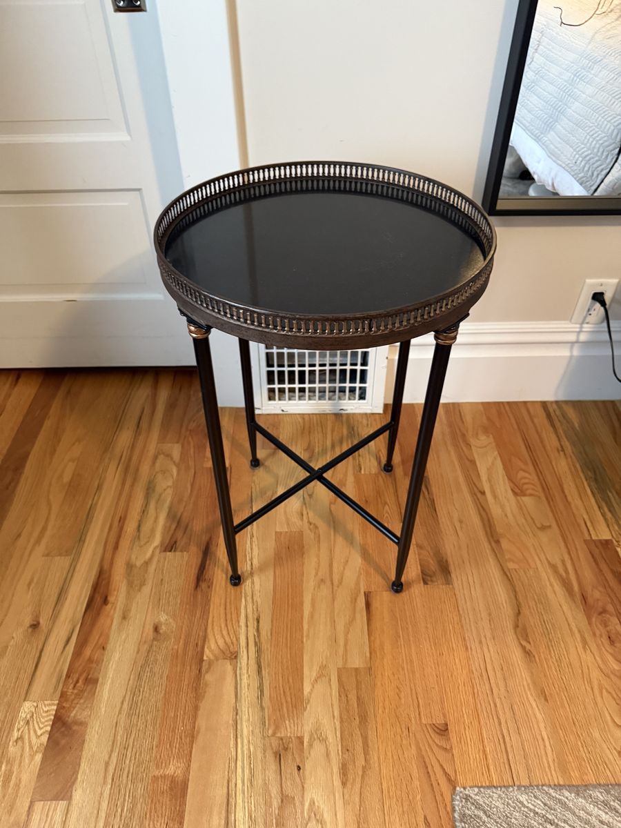 black side tables with black stone top and gold frame