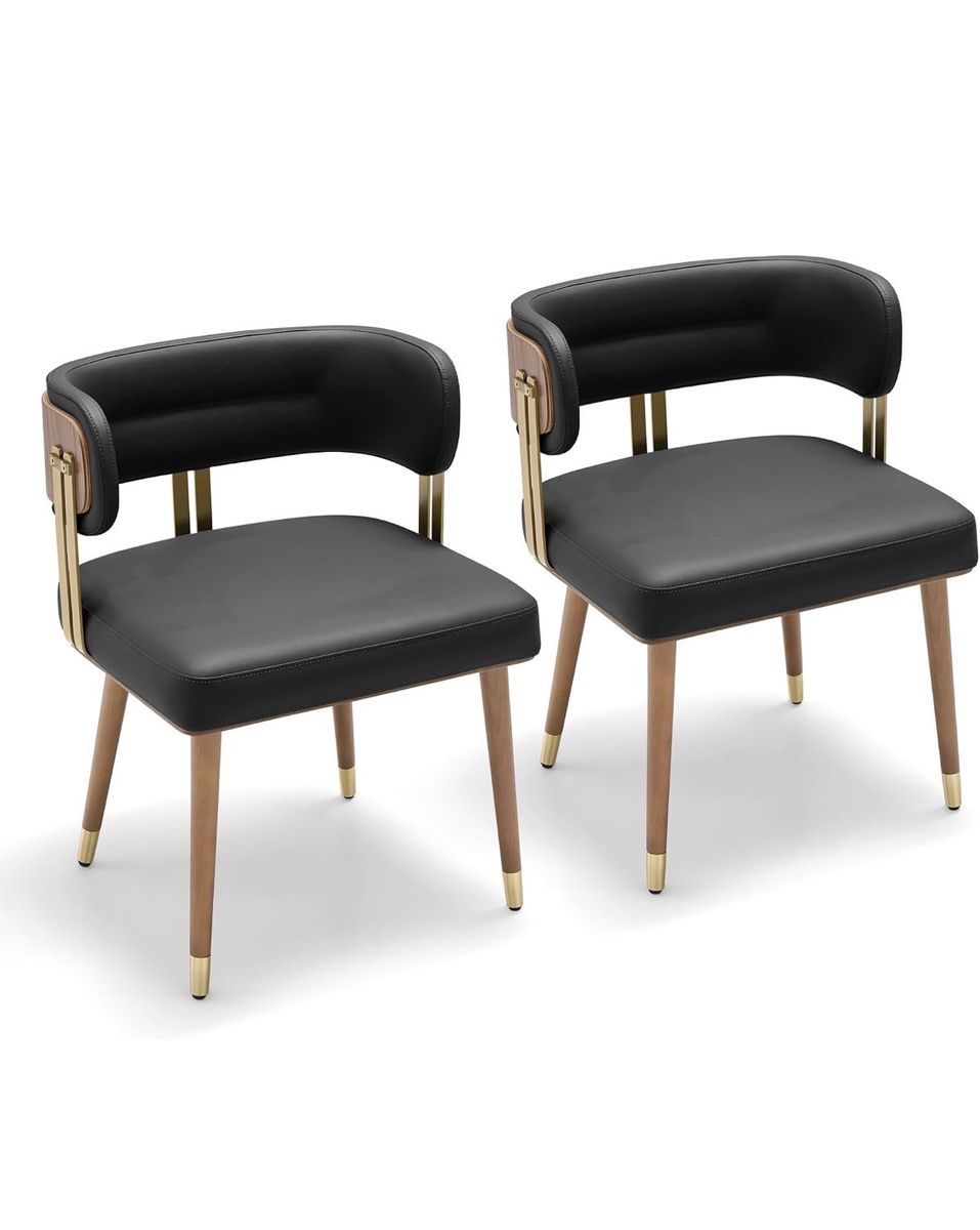 Set of 2 Modern Upholstered Dining Chairs – Black with Wood & Gold Legs – NEW