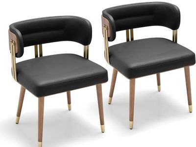 Set of 2 Modern Upholstered Dining Chairs – Black with Wood & Gold Legs – NEW