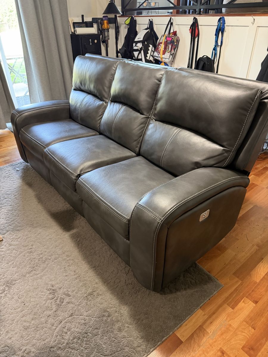 Two Gray Leather Power Reclining Sofas