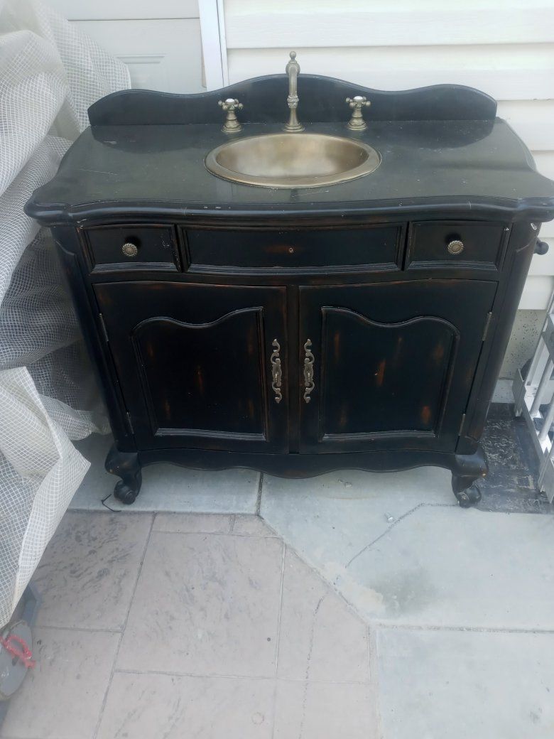 Vintage Black Vanity Sink Cabinet w/ Brass Fixtures - Farmhouse Style Bathroom Furniture