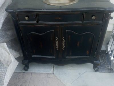 Vintage Black Vanity Sink Cabinet w/ Brass Fixtures - Farmhouse Style Bathroom Furniture
