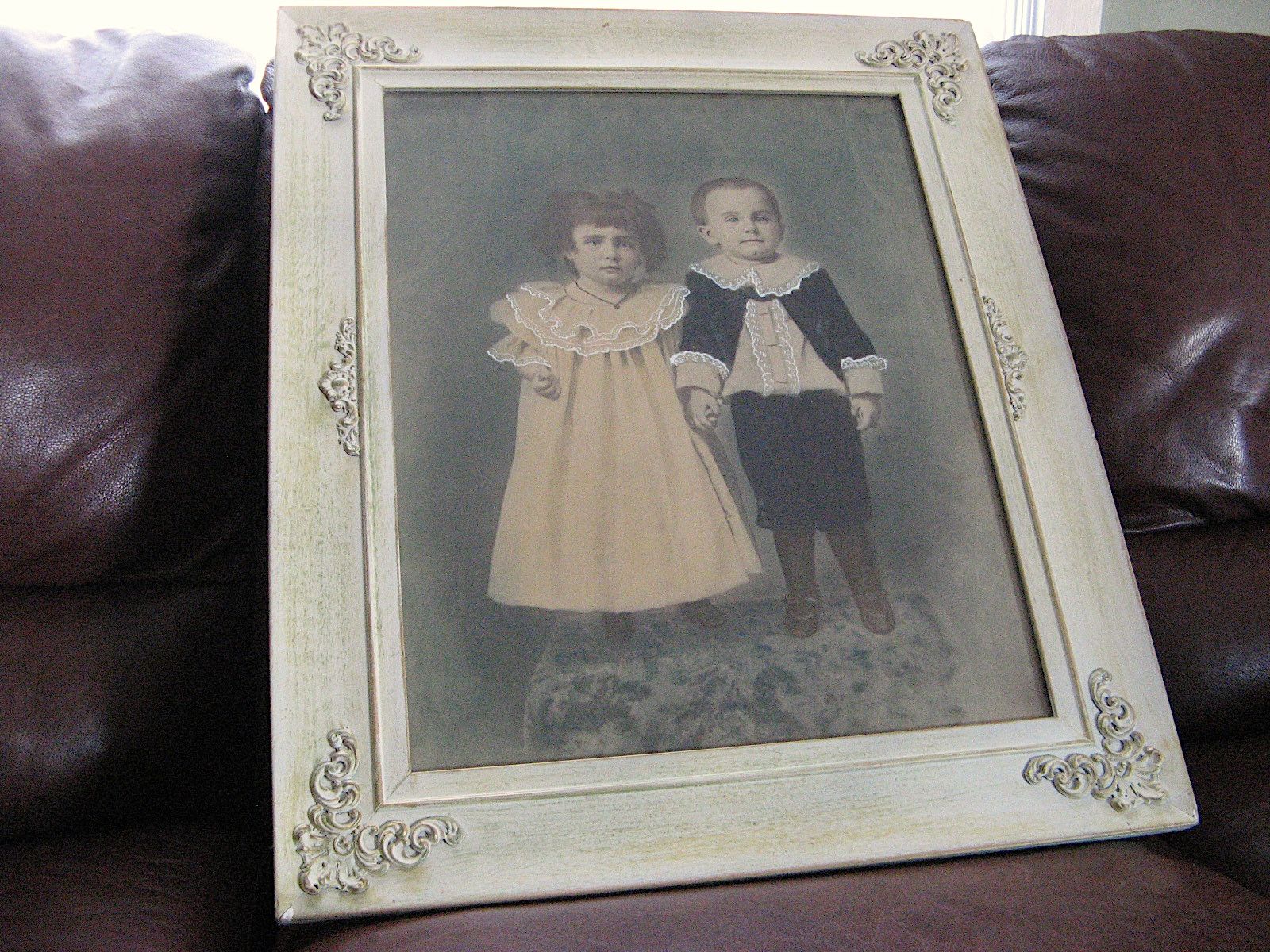 Vintage 1920s Ornate Wood Framed Picture / Photo Art Deco w/Young Boy and Girl Holding Hands