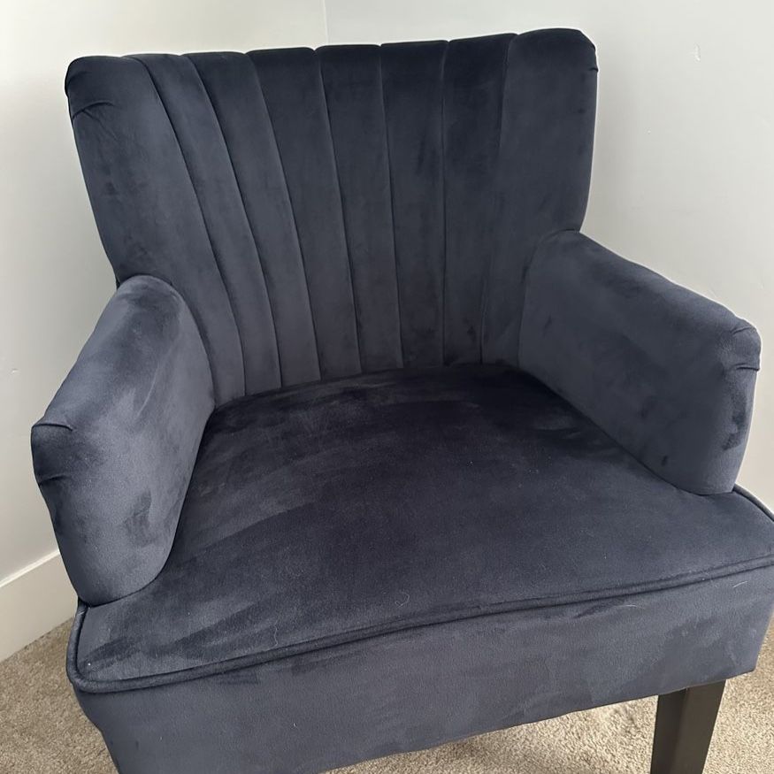 Navy Blue Velvet Armchair with Channel Tufted Back & Dark Wooden Legs