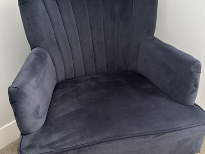 Navy Blue Velvet Armchair with Channel Tufted Back & Dark Wooden Legs