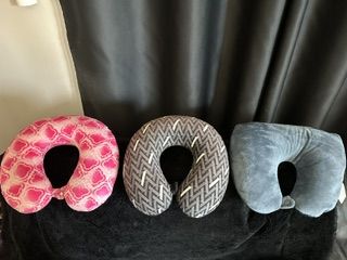 Set of 3 Travel Neck Pillows - Pink, Grey Pattern, Solid Blue