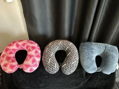Set of 3 Travel Neck Pillows - Pink, Grey Pattern, Solid Blue