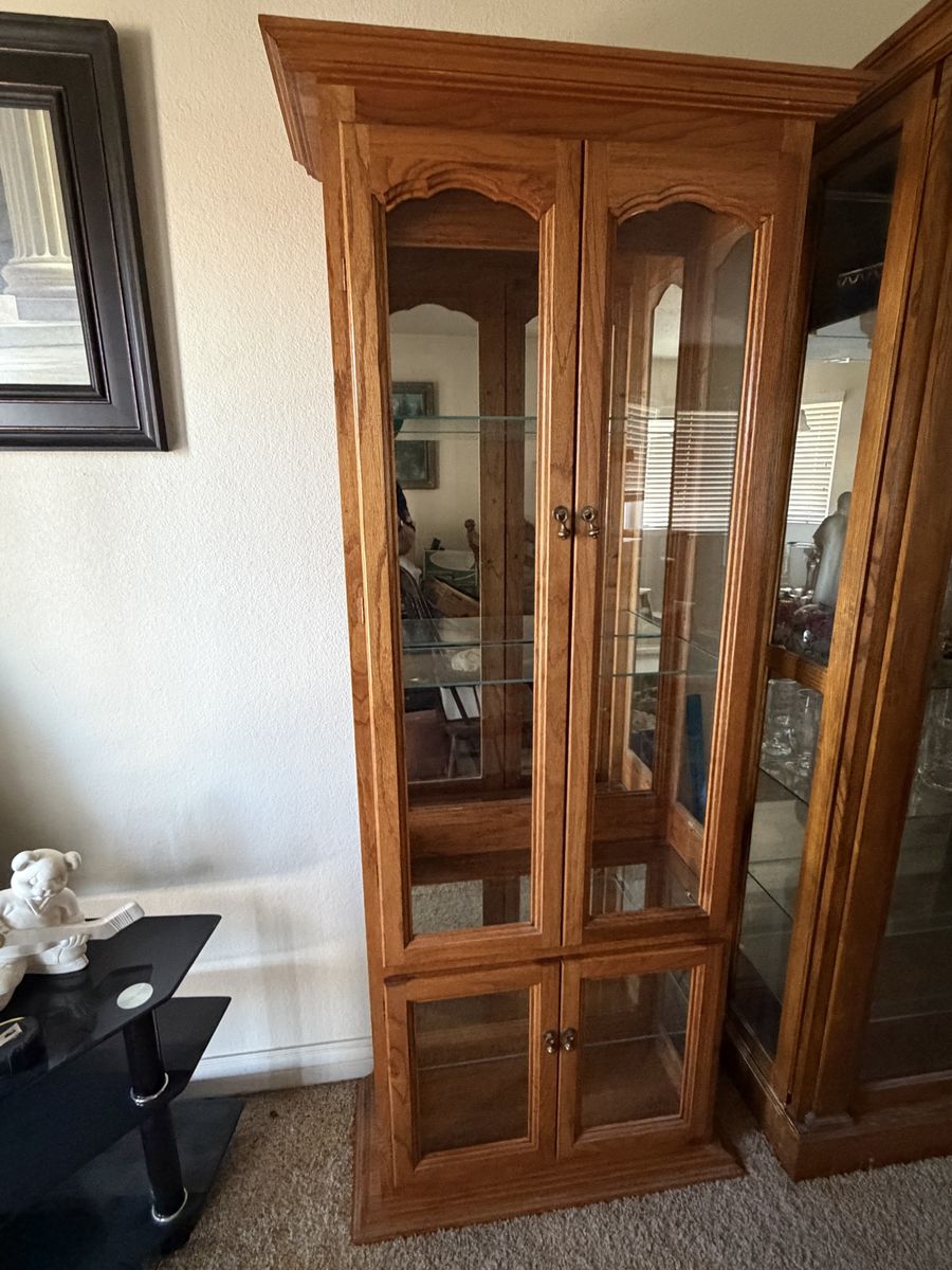 Wooden Display Cabinet with Glass Doors and Shelves - Good Condition