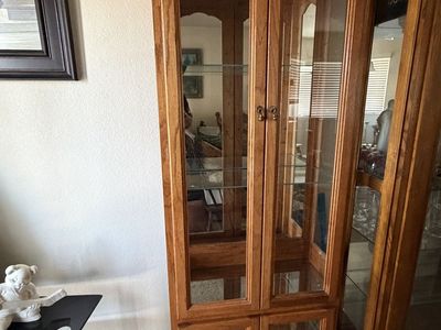 Wooden Display Cabinet with Glass Doors and Shelves - Good Condition