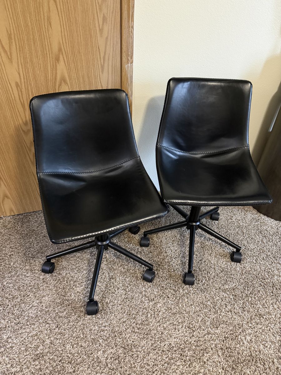 Pair of Black Upholstered Swivel Office Chairs with Casters - Adjustable Height