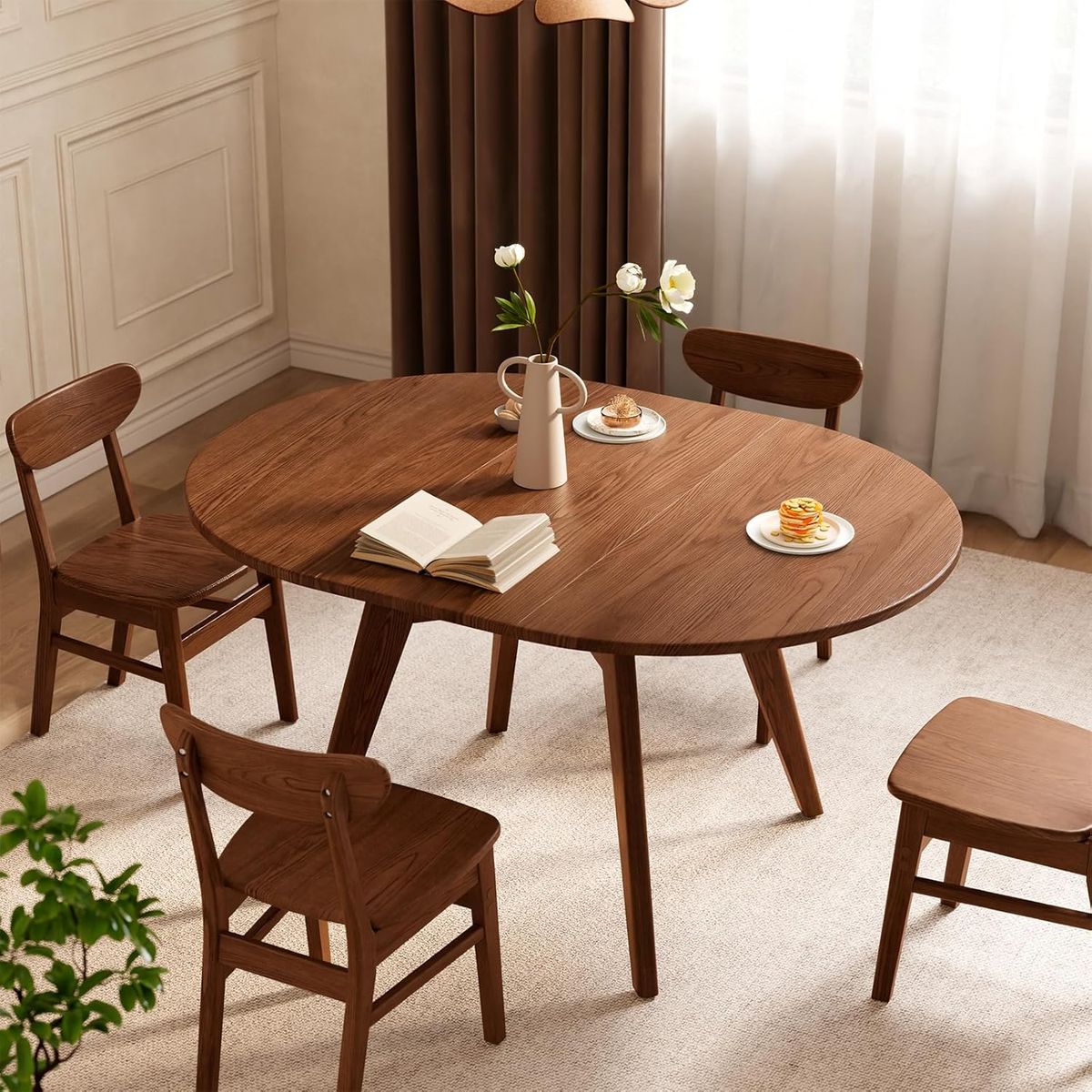 NEW Solid Wood Round Extendable Dining Table, 43″-59″ Expandable Dining Table for 4-8, Oval Extendable Dining Room Table