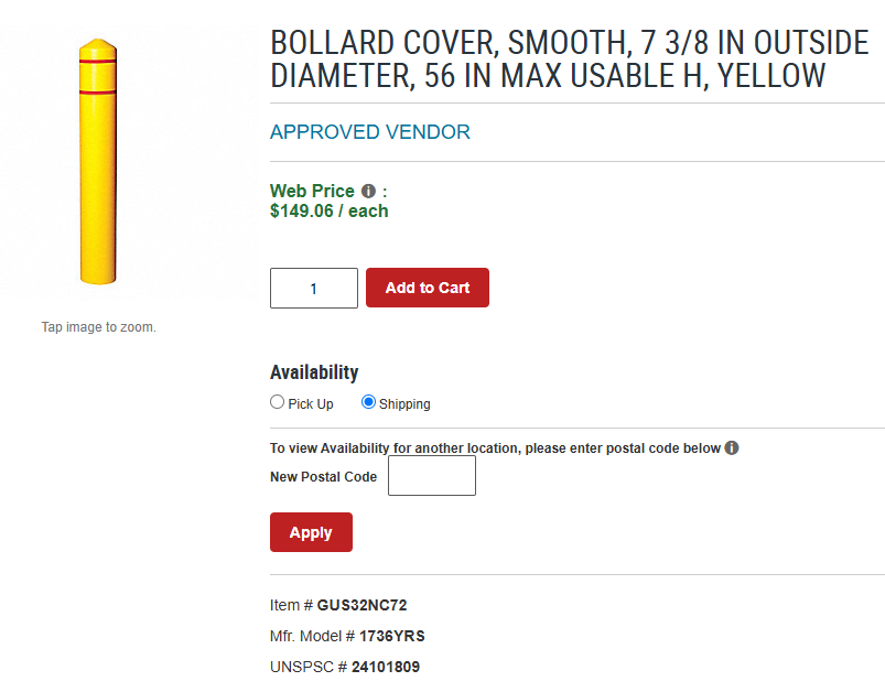 New BOLLARD COVER, SMOOTH, 7 3/8 IN OUTSIDE DIAMETER, 56 IN MAX USABLE H, YELLOW