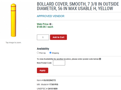 New BOLLARD COVER, SMOOTH, 7 3/8 IN OUTSIDE DIAMETER, 56 IN MAX USABLE H, YELLOW