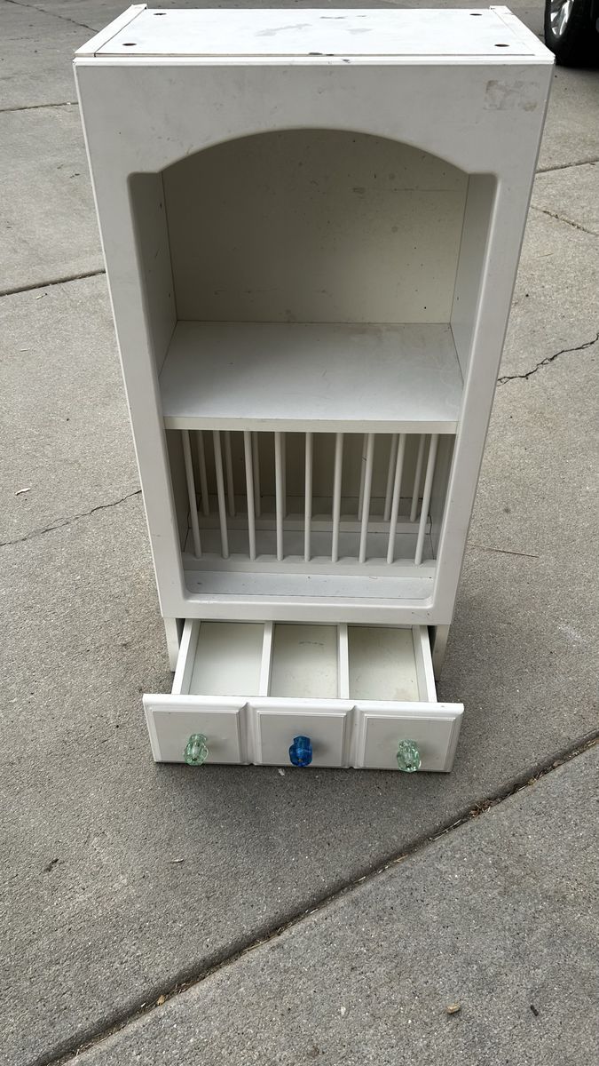 Vintage White Dish Hutch Plate Rack Cabinet