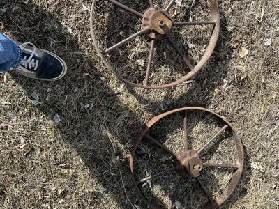 Old Farm Implement Wheels For Yard Decor