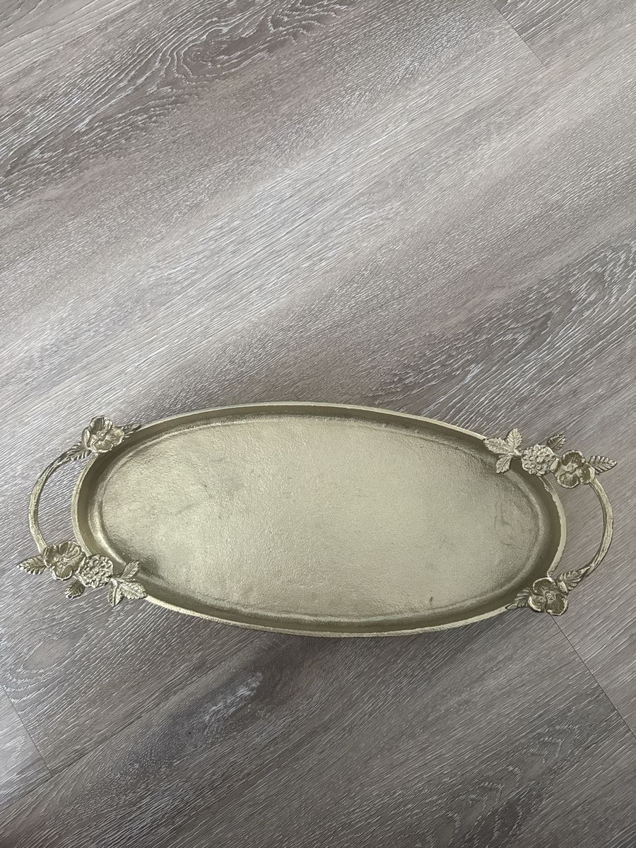 Decorative Gold Oval Serving Tray with Floral Handles - 15 inch