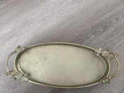 Decorative Gold Oval Serving Tray with Floral Handles - 15 inch