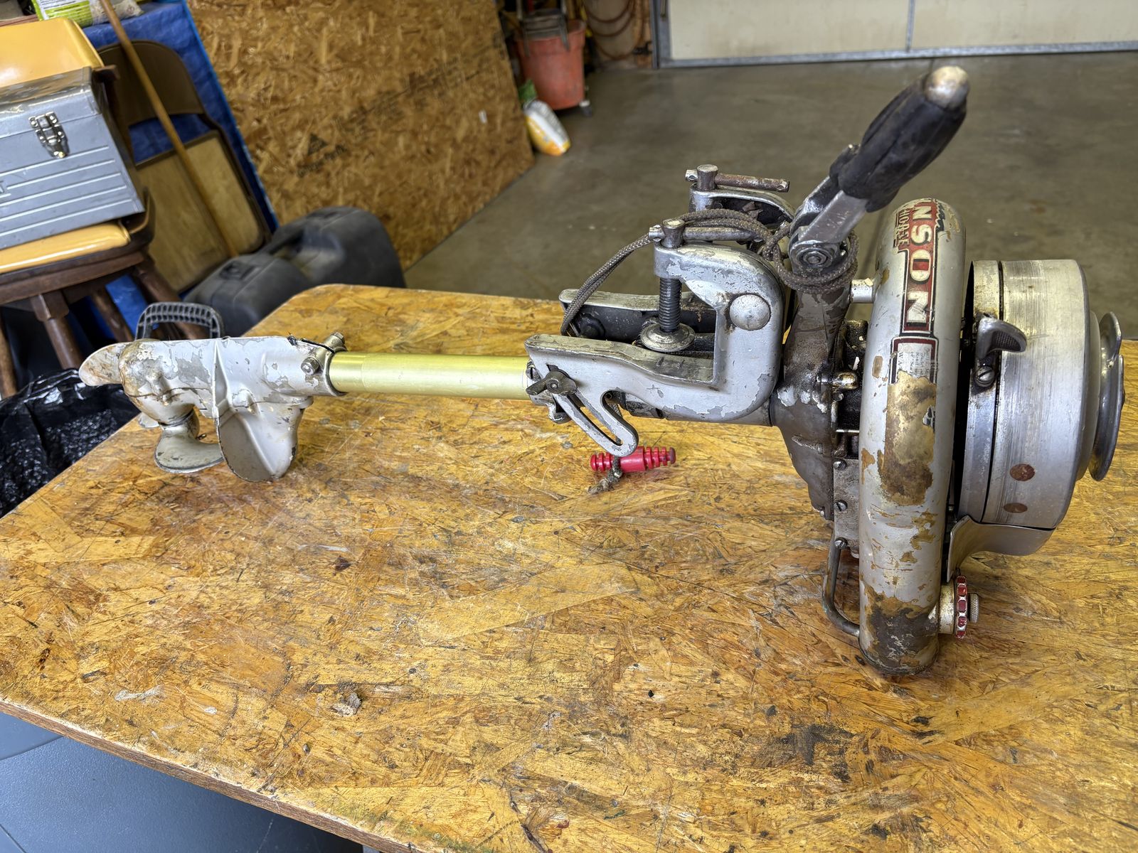 Vintage Johnson Sea Horse Outboard Motor - Model MS-38. Starts and runs last time I tried.