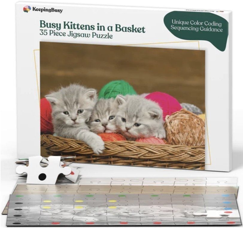 KeepingBusy Kittens in a Basket Sequenced Jigsaw Puzzle A35- Piece Color-Coded for Seniors Dementia Alzheimer's Elderly