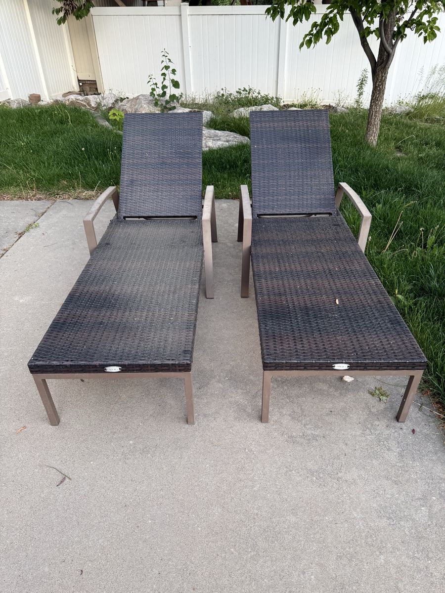 Set of 2 Outdoor Wicker Chaise Lounge Chairs - Adjustable Back, Brown, Weather-Resistant Patio Furniture - Cushions included.