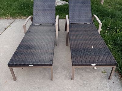 Set of 2 Outdoor Wicker Chaise Lounge Chairs - Adjustable Back, Brown, Weather-Resistant Patio Furniture - Cushions included.