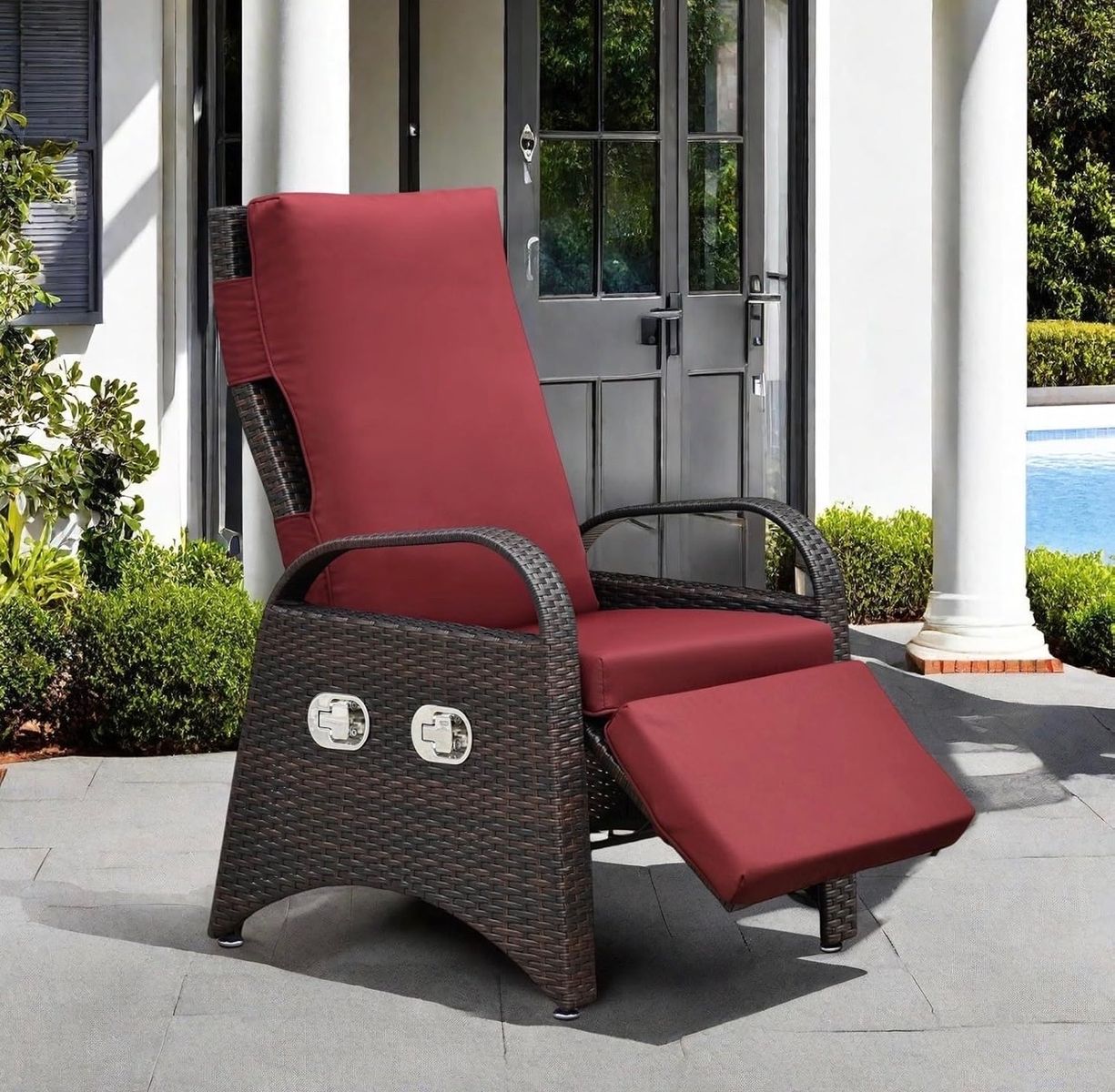 Brand new Outdoor Wicker Patio Recliner Chair with Adjustable Backrest, Footrest & Red Cushions